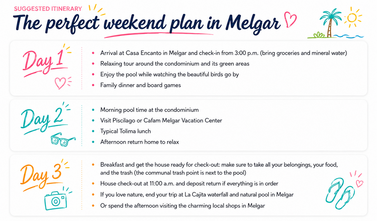 Suggested itinerary: the perfect weekend plan in Melgar, Day 1, Day 2 and Day 3