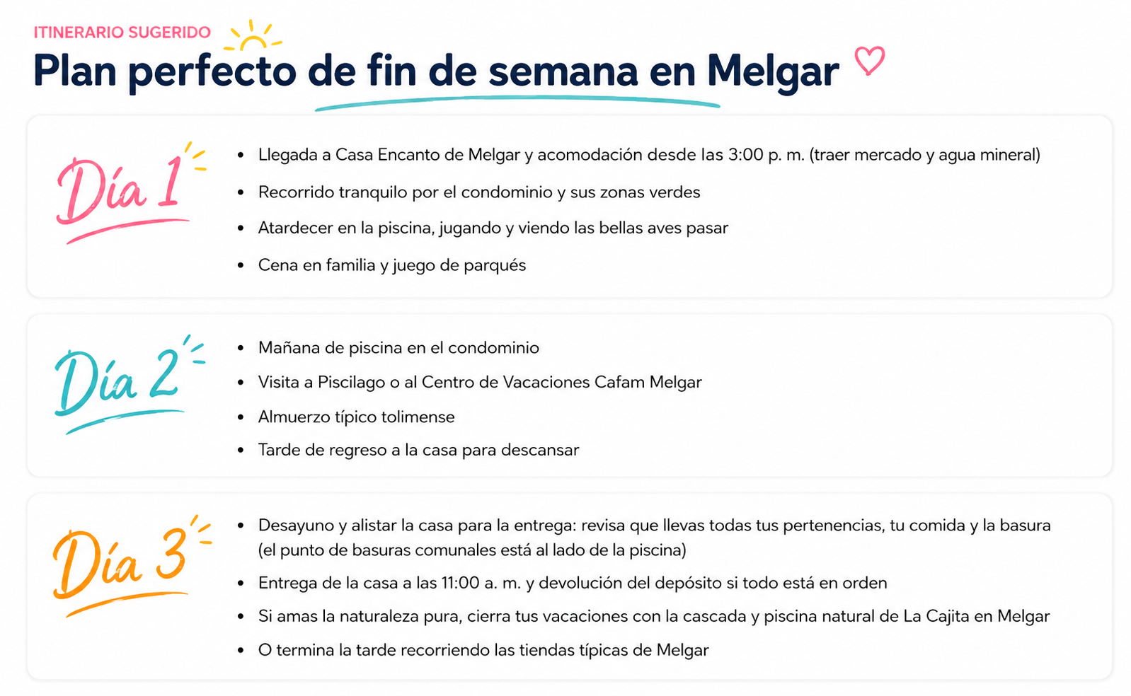 Itinerario sugerido: plan perfecto de fin de semana en Melgar, Día 1, Día 2 y Día 3