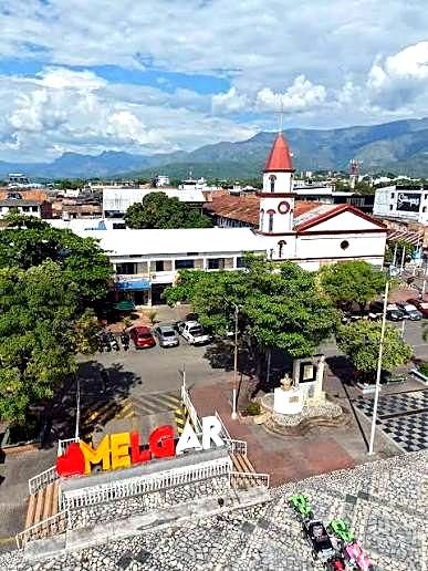 Aerial view of the main square of Melgar with the church and the town sign